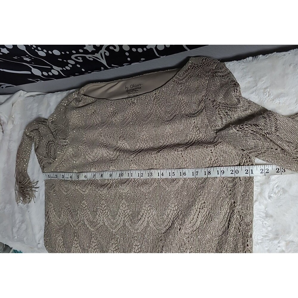 Chico's Fringe Top Womens Size 2 Gold Metallic Large Stretch Hippie Formal - Picture 6 of 8